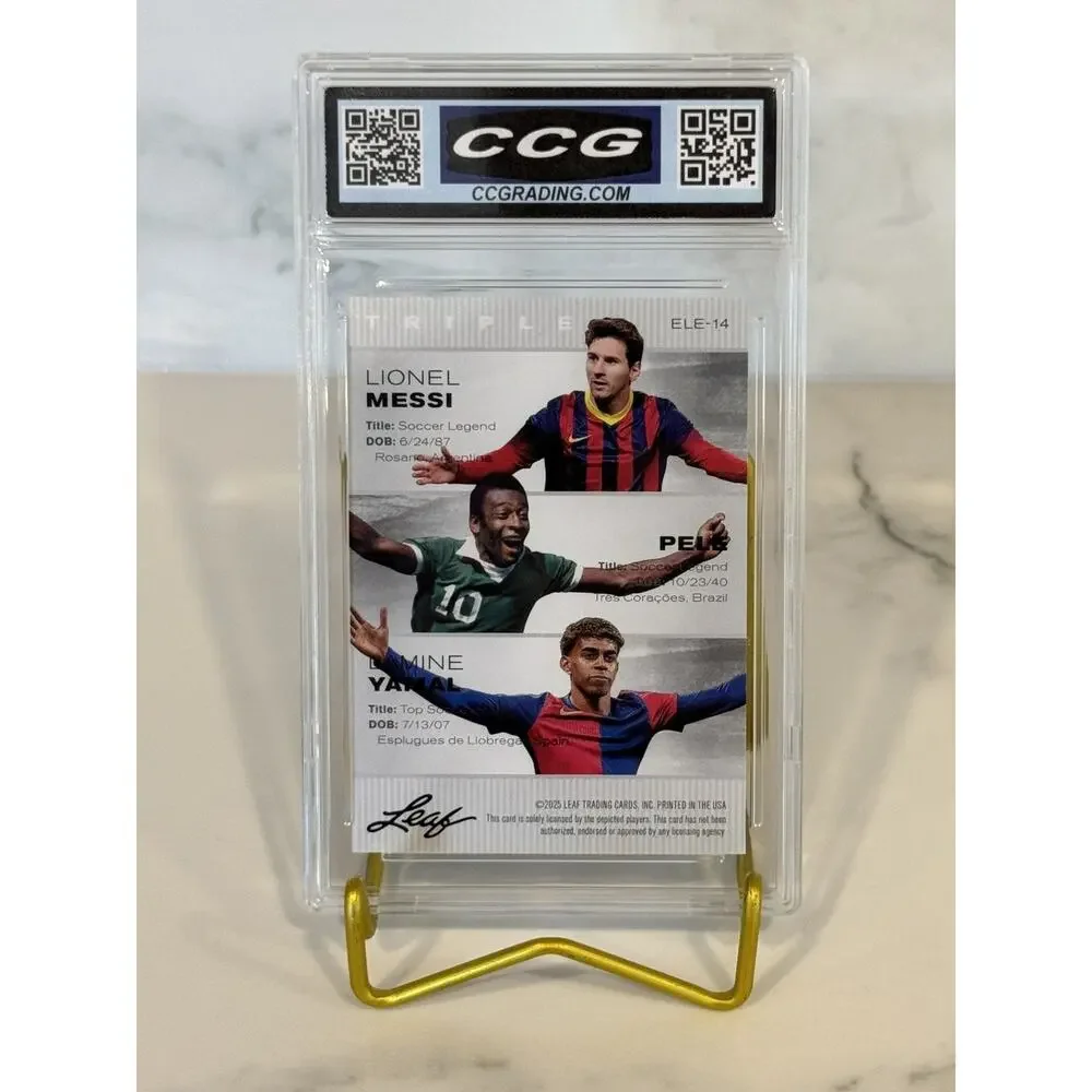 Messi / Pelé / Yamal 2025 Leaf Triple #ELE14 Exclusive Legends Edition Gem 10